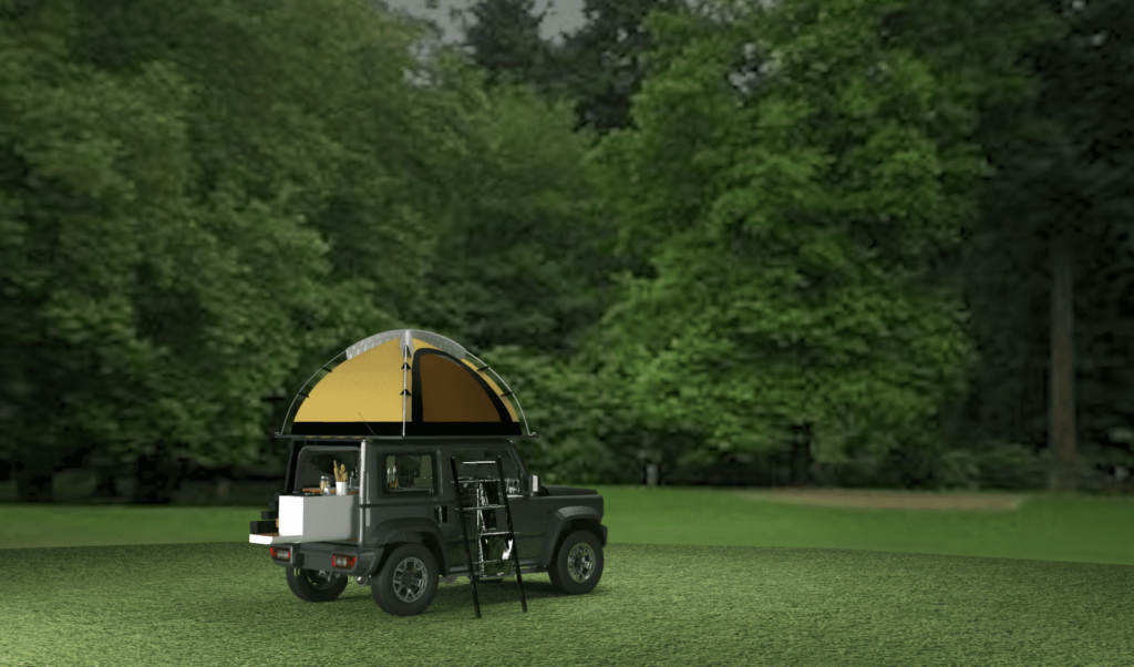 Mahindra Thar in forset with camping kit