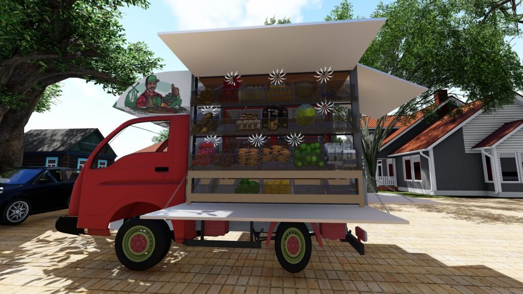 vegetable truck parked in busy area.